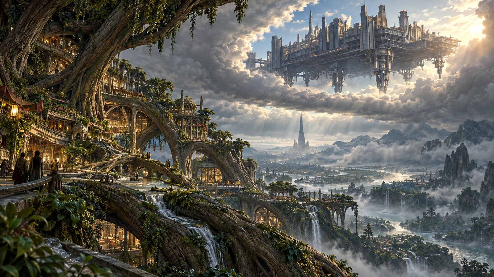 Last Spire concept artwork: an engineered Bastion city above the ash clouds and a living Rooted settlement on the changed Earth below.