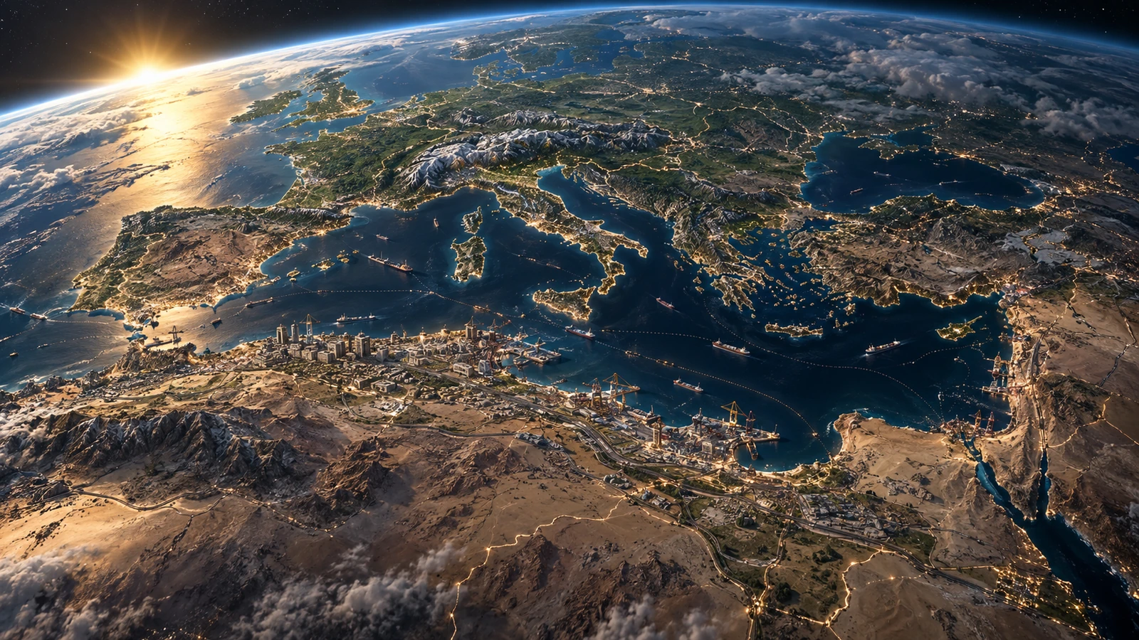 Sovereign concept artwork: modern nations, infrastructure and trade connected across the curvature of Earth.
