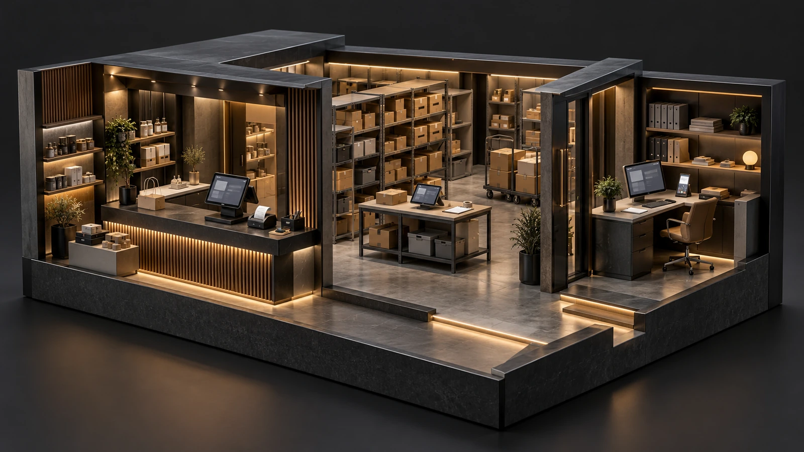 Tillqor concept artwork: a connected cutaway business with checkout, stockroom, accounting and owner workspaces.